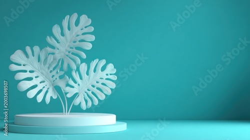 Minimalist display platform showcases sculpted tropical foliage against a vibrant turquoise backdrop