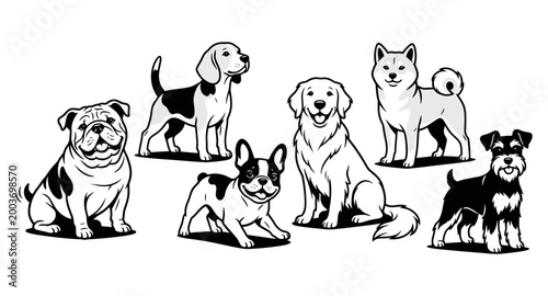 Set of various dog breeds illustration in black and white vector style
