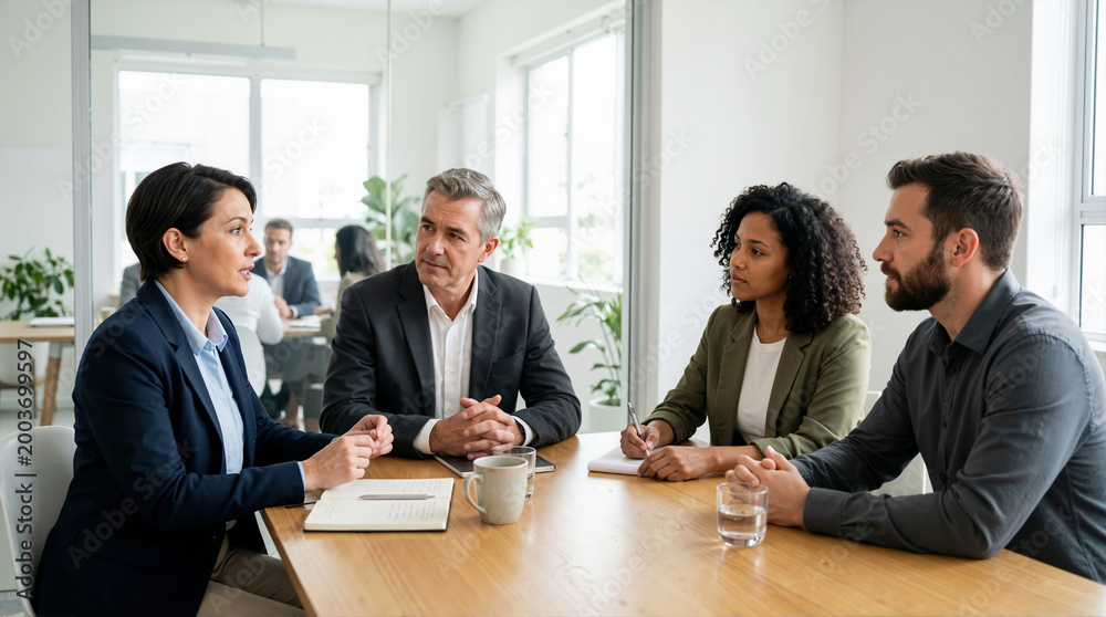 Fototapeta premium Diverse business team having a serious discussion around a table in a meeting room. Corporate colleagues engaged in conflict resolution and negotiation. Professional communication concept