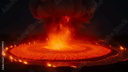 A fiery explosion erupts from the ground, creating a dramatic and intense visual display of heat and energy at night
