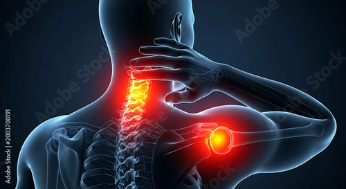 Human neck and shoulder pain concept cervical spine injury medical illustration