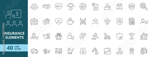 Insurance line icons set with health, life, property, car, travel protection symbols