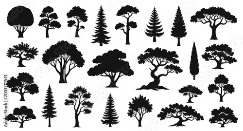 Tree silhouette vector set with mixed forest shapes organic layout black nature collection isolated on white