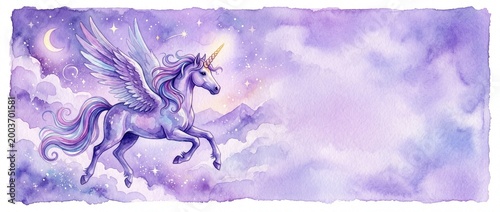 Watercolor illustration of a flying winged unicorn in a starry night sky. Purple and lilac fantasy banner with clouds and moon. Copy space for text