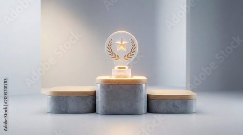 Minimal Podium With Three Levels And A Glowing Trophy On The Highest Level Victory Scene