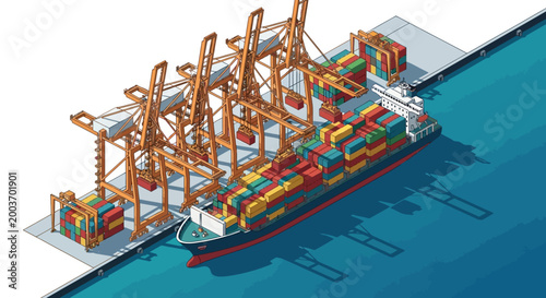 Overhead perspective shows a cargo ship filled with colorful containers being unloaded by large cranes at a port with bright blue water and a clean white dock, presented in a detailed