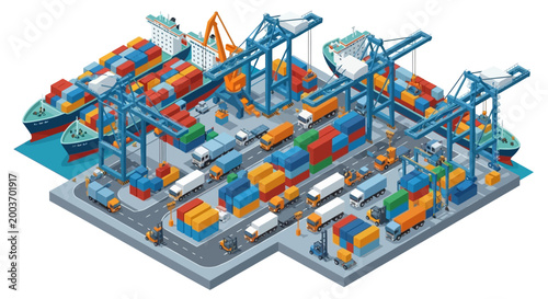 Isometric illustration displaying a busy container port with cargo ships docked and cranes loading colorful containers onto trucks, set against a clean white background with a logistics
