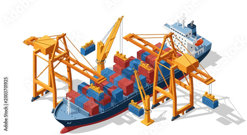 Isometric illustration of a cargo ship being loaded with colorful containers by large yellow cranes, set against a clean white background, conveying a sense of organized international trade