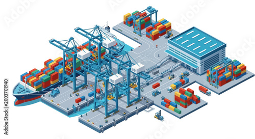 Isometric illustration of a cargo ship being loaded by cranes at a port, with stacks of colorful shipping containers, a warehouse, and trucks, all depicted against a clean white background