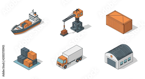 Isometric illustration featuring a cargo ship, crane lifting containers, a shipping container, stacked boxes, a delivery truck, and a warehouse, all rendered with a clean vector style