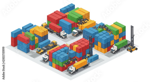 Isometric illustration shows a busy logistics hub with multiple colorful shipping containers stacked on trucks, alongside forklifts, all arranged on a neutral gray surface with a clean