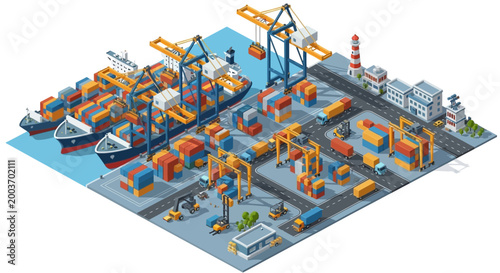 Isometric vector illustration showcasing a bustling cargo port with ships loaded with containers, cranes lifting goods, and trucks moving along roads, set against a clean white background