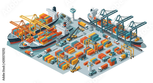 Isometric vector illustration of a busy commercial port with multiple cargo ships being loaded and unloaded by large cranes, surrounded by stacks of colorful containers and trucks