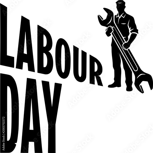 Labour Day Celebration: A silhouette of a hardworking person, standing with a massive wrench, stands prominently next to bold typography that proclaims 'Labour Day'.