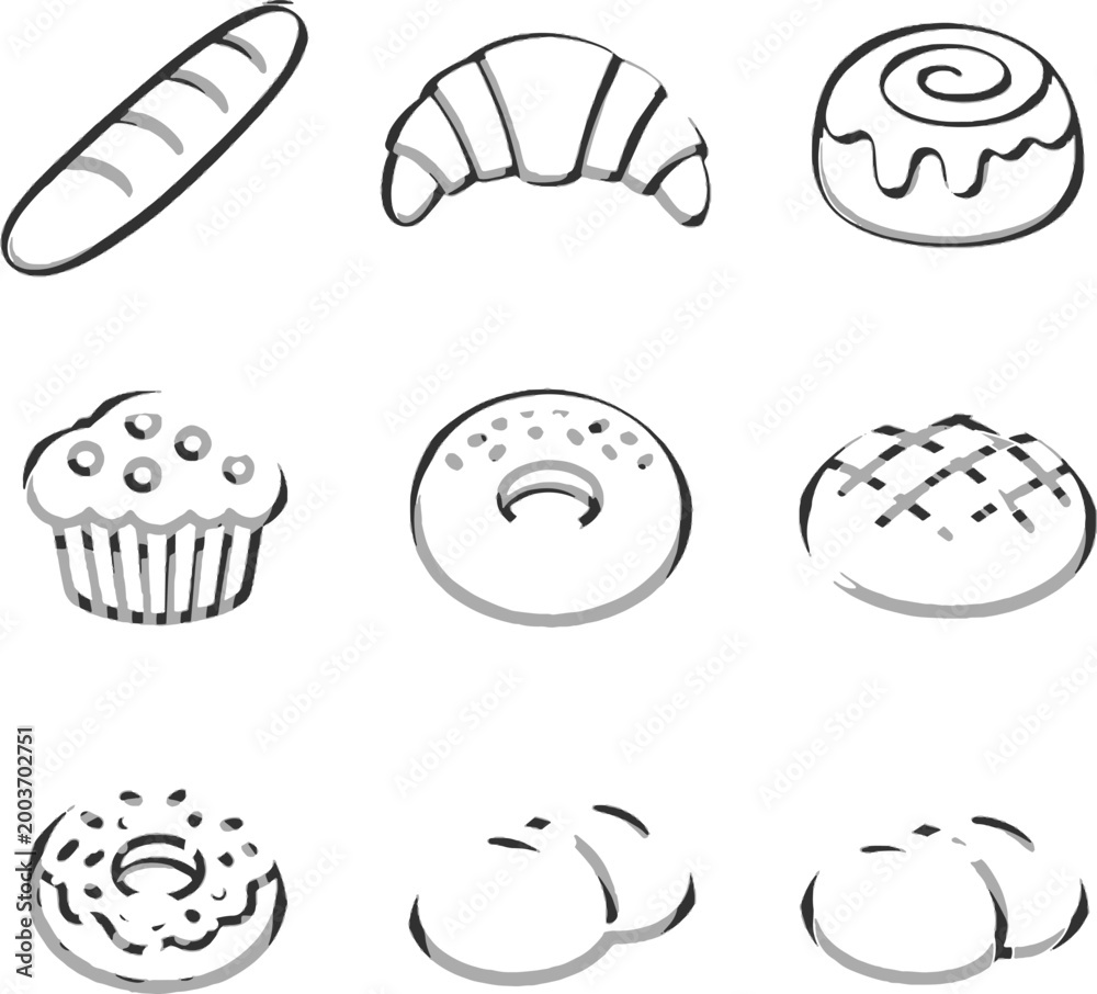 Fototapeta premium Bakery Outline Icon Pack Line Art Vector – Baguette, Croissant, Doughnut, Muffin Minimal Stroke Icons PNG