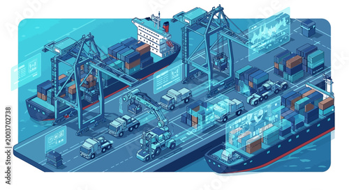 Isometric vector illustration depicts cargo ships being unloaded by cranes onto trucks in a port, with translucent digital interfaces overlaid, creating a futuristic logistics depiction