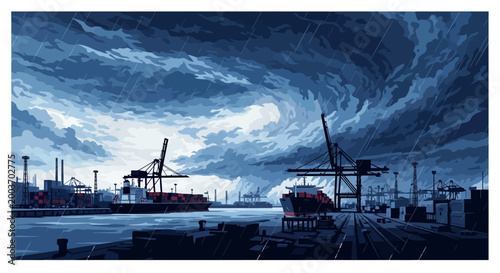 Illustration showcasing a bustling industrial harbor with cargo ships and cranes under dramatic, swirling blue clouds, rendered in a detailed, pixelated style evoking a sense of vastness