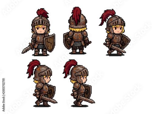pixel art character spritesheet of a young blonde knight wearing rusty iron armor, featuring idle, walking, and side view animations.