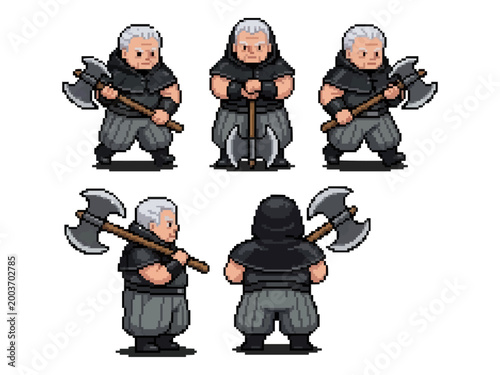pixel art character spritesheet of a burly grey-haired executioner or barbarian in black tunic holding a large double-headed battle axe.