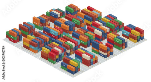 Isometric illustration of stacked shipping containers in a storage yard, showing a variety of bright colors on metal cargo boxes arranged neatly on a gray surface, creating a logistical