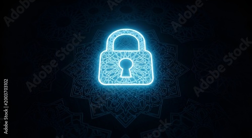 Digital security concept with glowing lock icon on dark background
