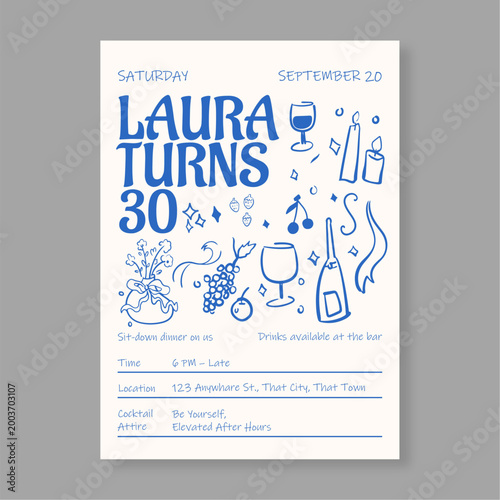 Photos Minimalist 30th Birthday Party Invitation Template with Artistic Blue Doodles, C