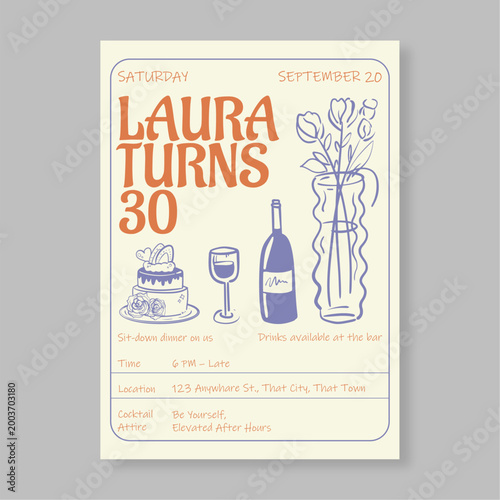 Fotografi Retro 30th Birthday Party Invitation Template with Hand Drawn Cake Wine and Flow