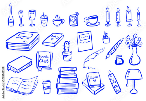 Hand Drawn Blue Ink Book Club Clipart Collection - Cozy Reading, Literature, and Journaling Doodles Set