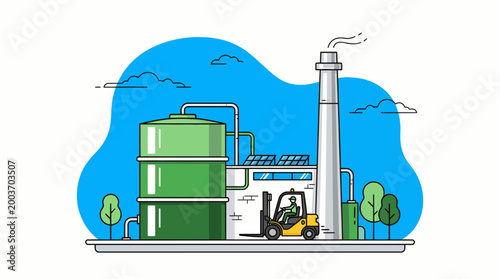 A green industrial facility utilizes renewable energy to power its operations within the industry sector.