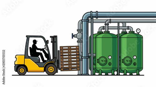 A forklift operator transports renewable energy equipment at an industrial site with large green tanks and pipes in the background.
