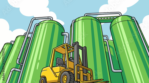 A yellow forklift operates near large green industrial tanks in a renewable energy facility within the industry sector on a sunny day.