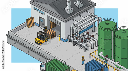 Workers operate machinery at a renewable energy industry facility producing sustainable power