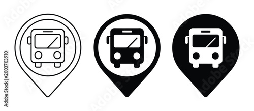 Map pin with bus icon featuring transit stop symbol, clean vector design for public transport navigation, route guidance, and urban mobility interface