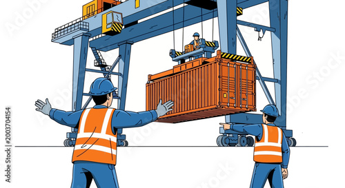 Illustrated scene depicting two workers in safety vests guiding a large orange shipping container being lifted by a blue overhead crane against a stark white background, creating a sense