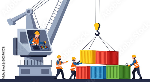Illustrated scene depicts construction workers overseeing a large crane lifting colorful cargo containers with a hook, set against a plain background, conveying a modern industrial feel