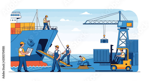 Illustrated scene shows workers loading cargo containers onto a blue freighter ship with a crane and forklift in a port, set against a blue sky with clouds, conveying a sense of busy