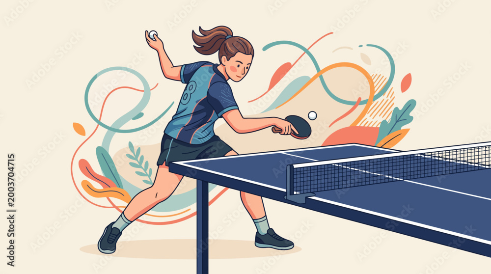 Fototapeta premium Woman plays table tennis with paddle and ball on a court with colorful background