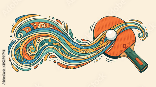 Vibrant illustration of a ping pong paddle hitting a ball with swirling colorful waves around it.