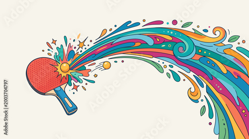 Vibrant illustration of a table tennis racket hitting a ball with colorful swirling motion graphics.