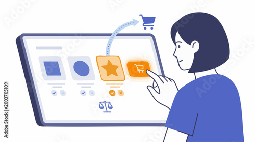 A person interacting with a digital tablet, adding an item to a shopping cart for online purchase.