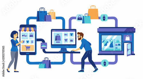 A visual representation of omnichannel retail, showing customers interacting with online shopping platforms on mobile and desktop, seamlessly connected to physical store, illustrating modern consumer