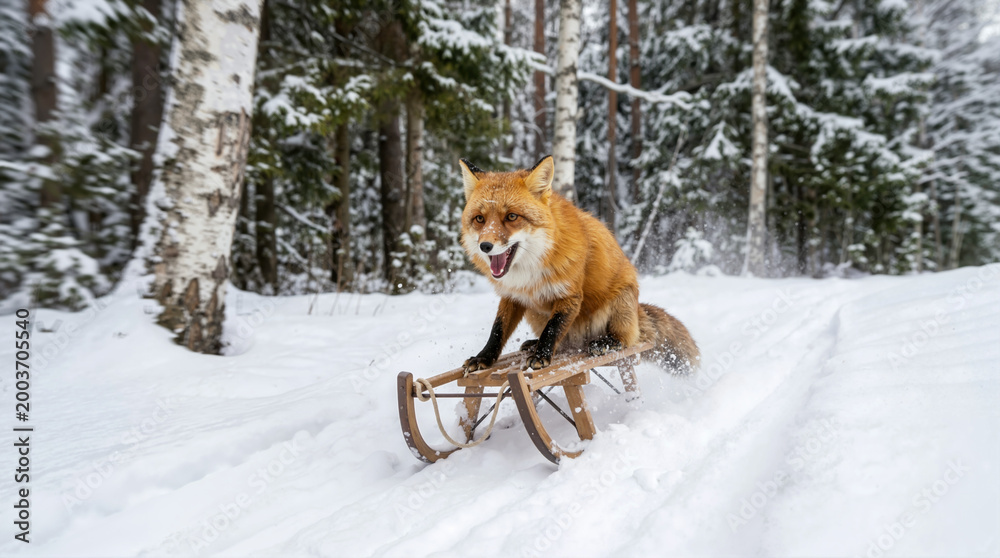 Fototapeta premium Red fox riding a wooden sled down a snowy path. Wild animal sledding in a winter forest landscape