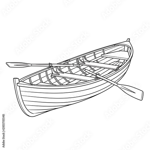 Minimalist black and white line art drawing of a classic wooden rowboat with oars