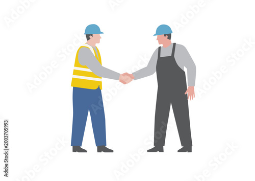 握手をして協力する工事現場の作業員のイラスト 契約 信頼 ベクター