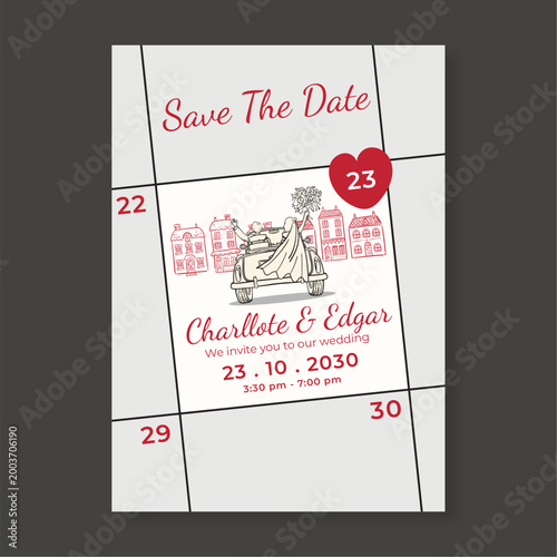 Elegant Wedding Save the Date Card Template with Whimsical Hand-Drawn Illustration of Bride and Groom in Vintage Car and Calendar Layout