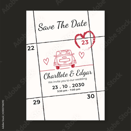 Save the Date Wedding Invitation Template with Hand Drawn Vintage Car and Heart Calendar Grid Announcement