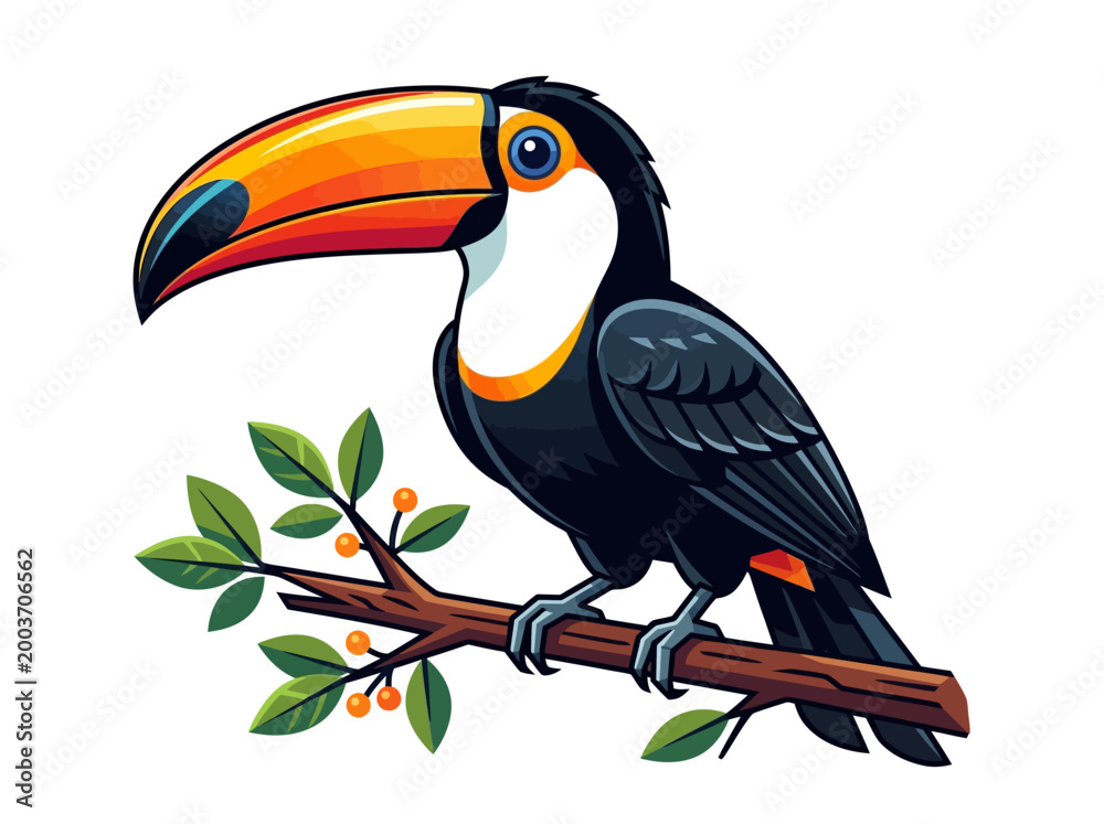 Fototapeta premium Colorful cartoon toucan bird perched on a tropical branch.
