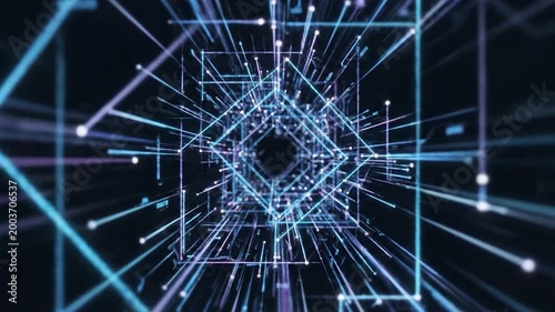 Abstract digital design with glowing lines and geometric shapes creating a futuristic background with a dark color scheme