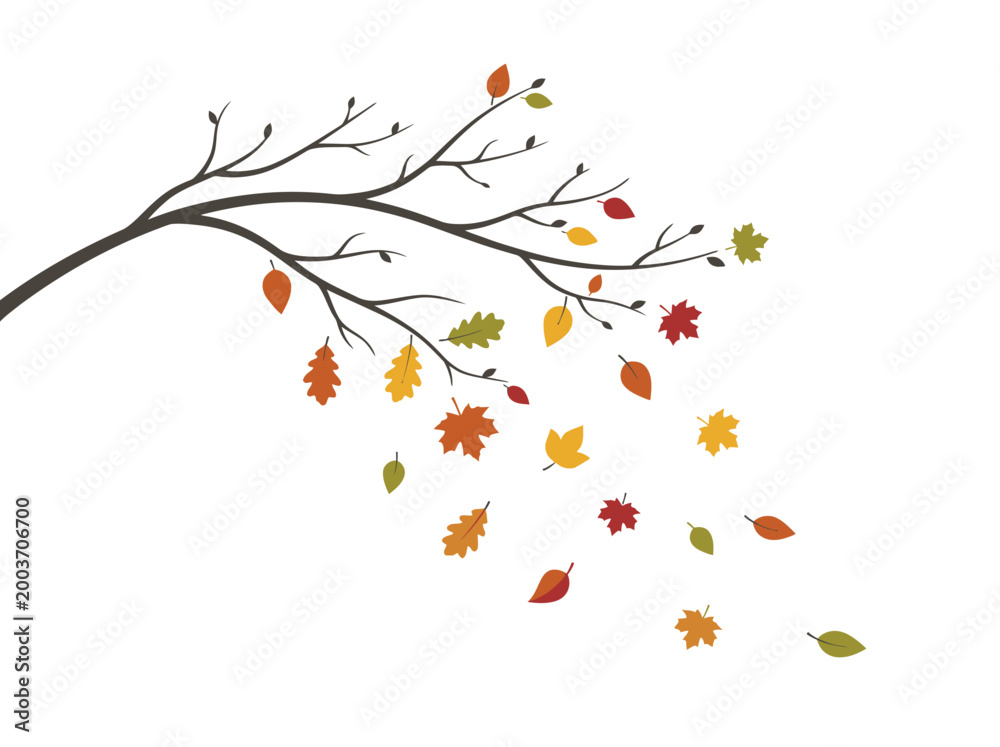 Naklejka premium Stylized autumn tree branch with colorful falling leaves.