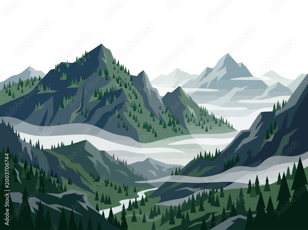 Fototapeta premium Majestic mountain landscape with pine forest and river.